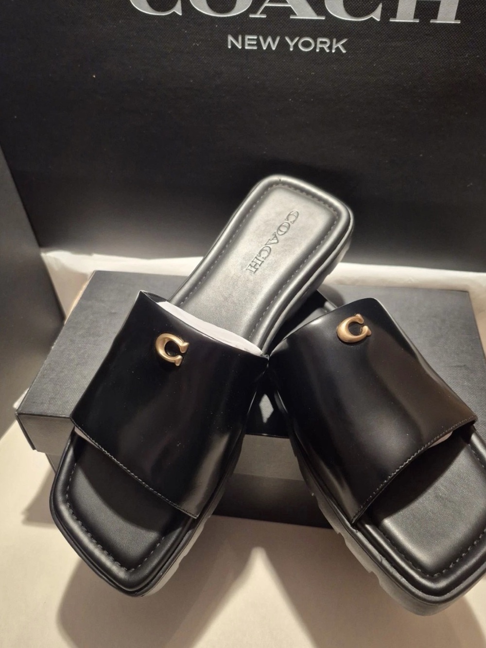 Coach Black Leather Slide Sandals with Gold 'C' Accent - Picture 2 of 3